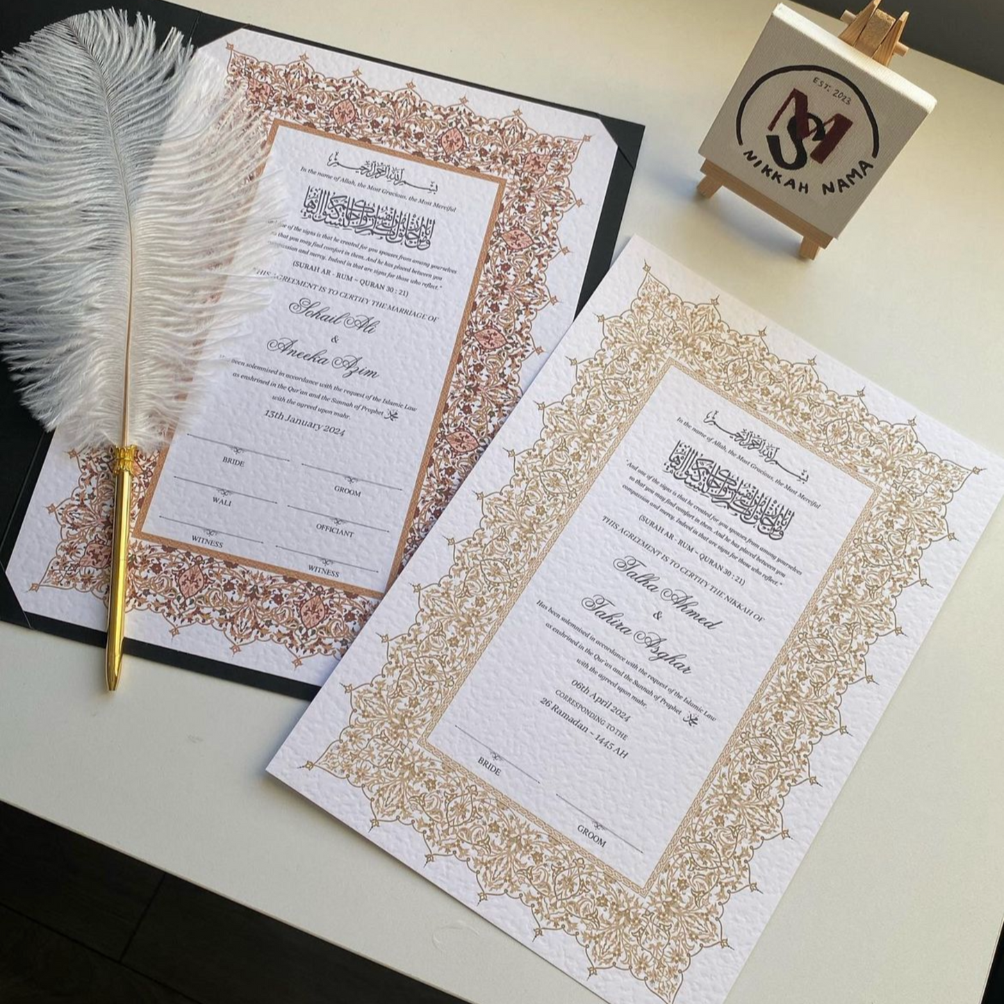 A4/A3 nikkah certificate - feather pen - folder - wedding certificate