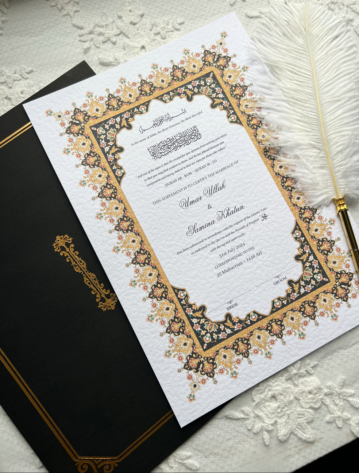 A4/A3 nikkah certificate - feather pen - folder - wedding certificate