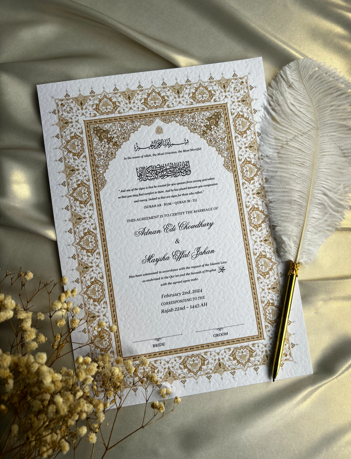 A4/A3 nikkah certificate - feather pen - folder - wedding certificate