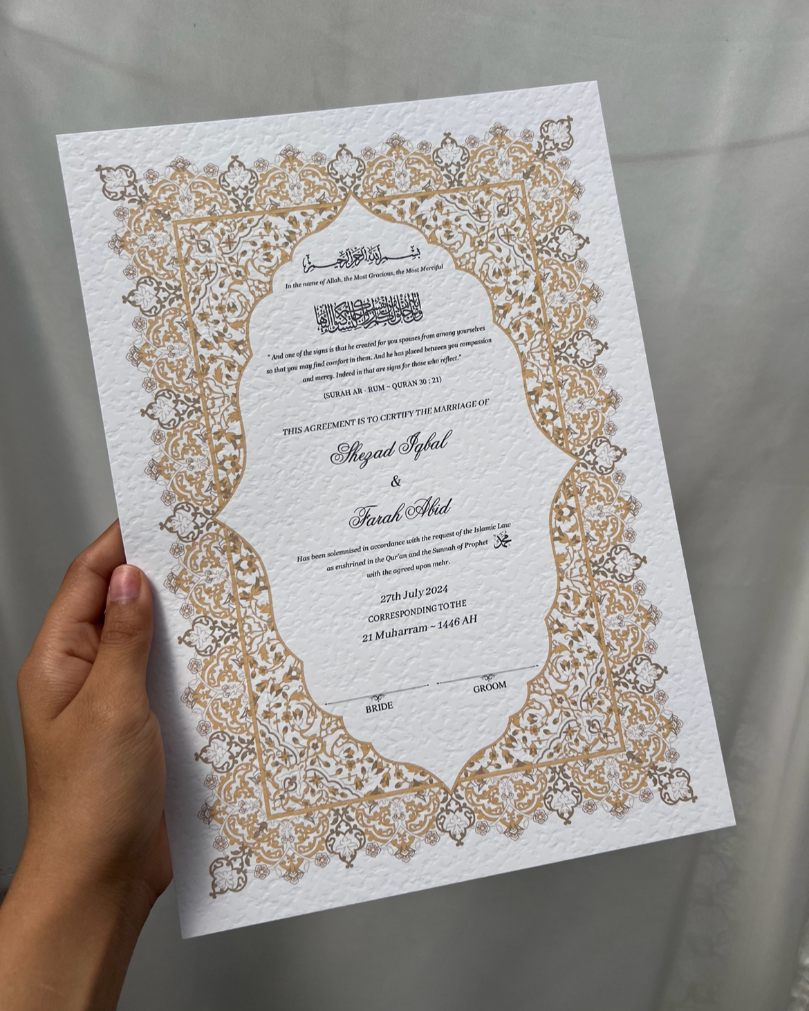 A4/A3 nikkah certificate - feather pen - folder - wedding certificate