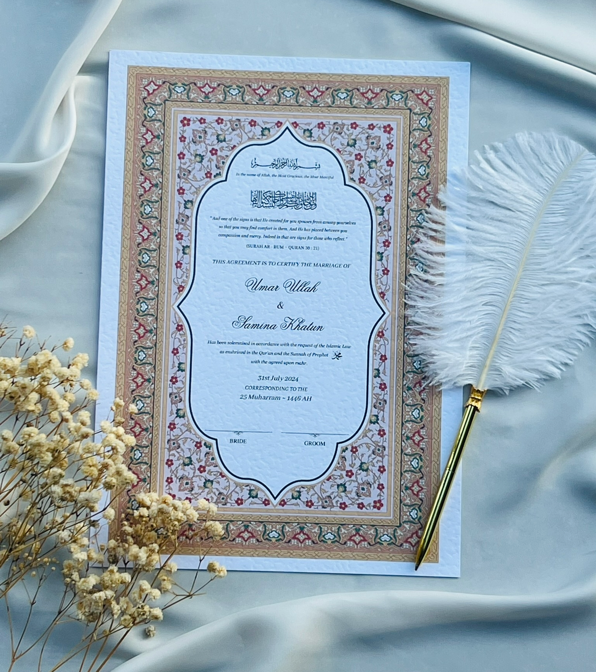 A4/A3 nikkah certificate - feather pen - folder - wedding certificate