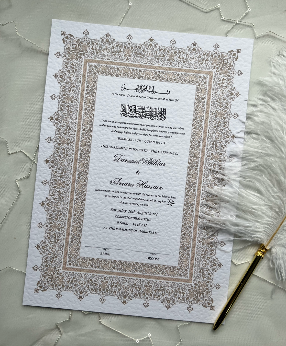 A4/A3 nikkah certificate - feather pen - folder - wedding certificate