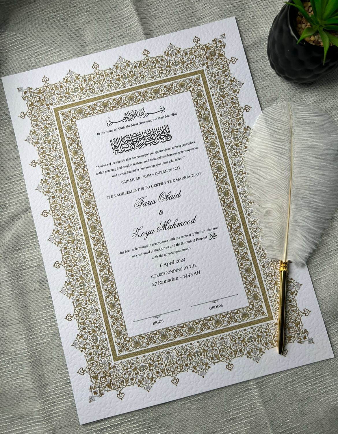 A4/A3 nikkah certificate - feather pen - folder - wedding certificate