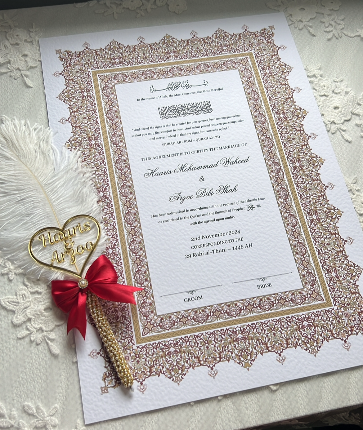 A4/A3 nikkah certificate - feather pen - folder - wedding certificate