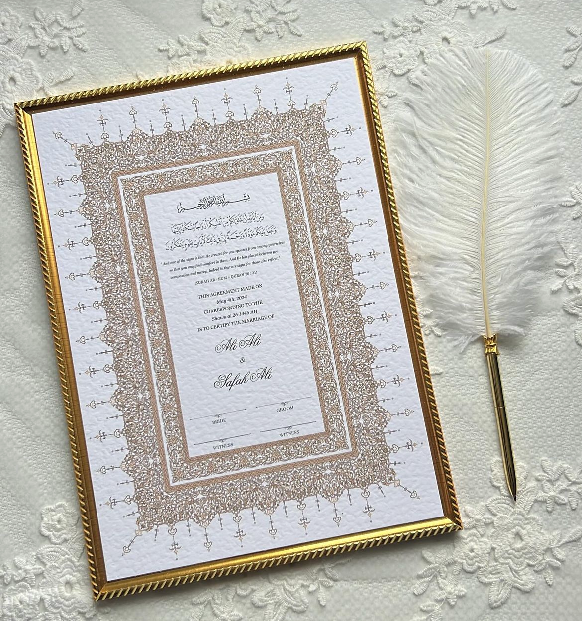 A4/A3 nikkah certificate - feather pen - folder - wedding certificate