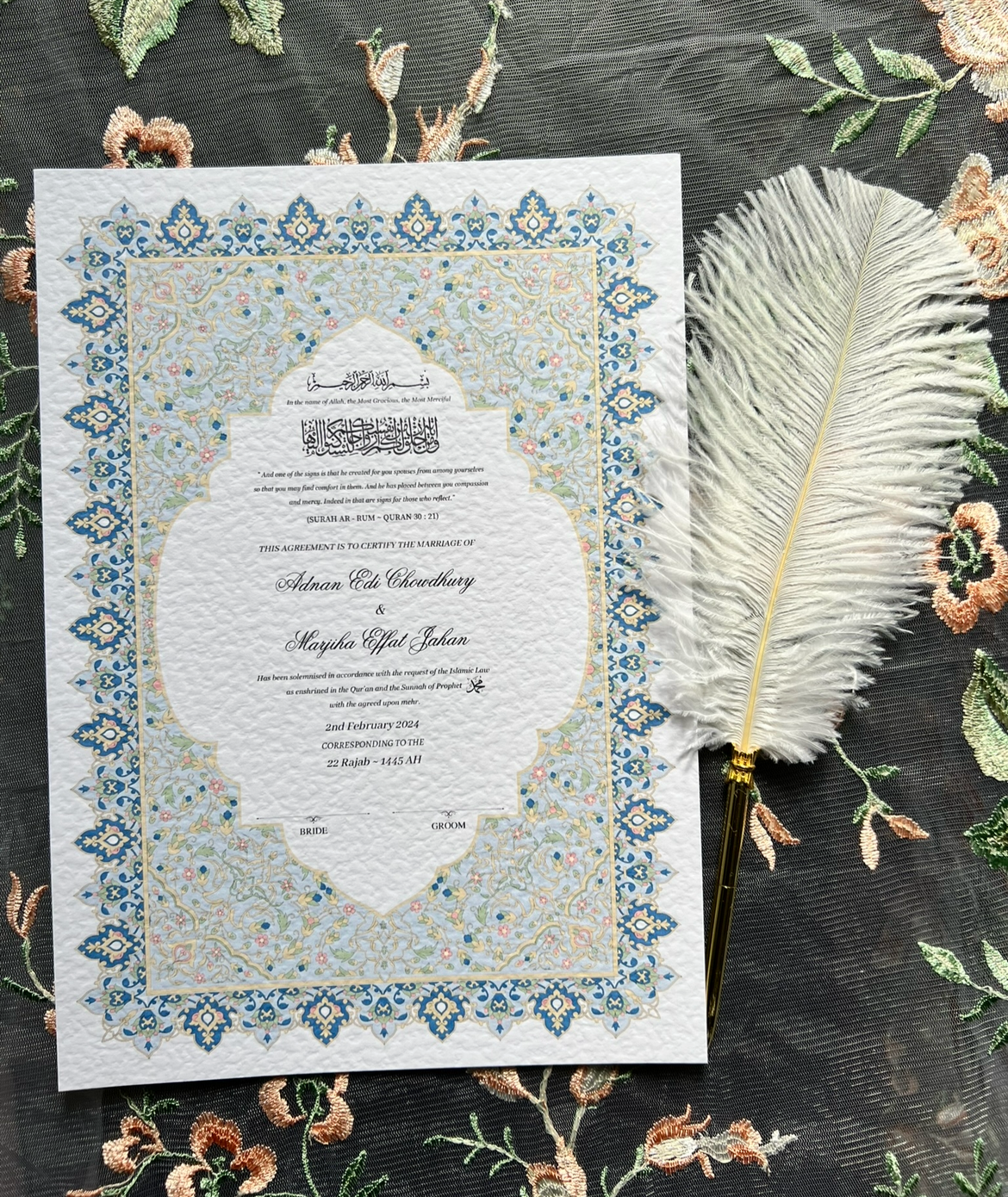 A4/A3 nikkah certificate - feather pen - folder - wedding certificate