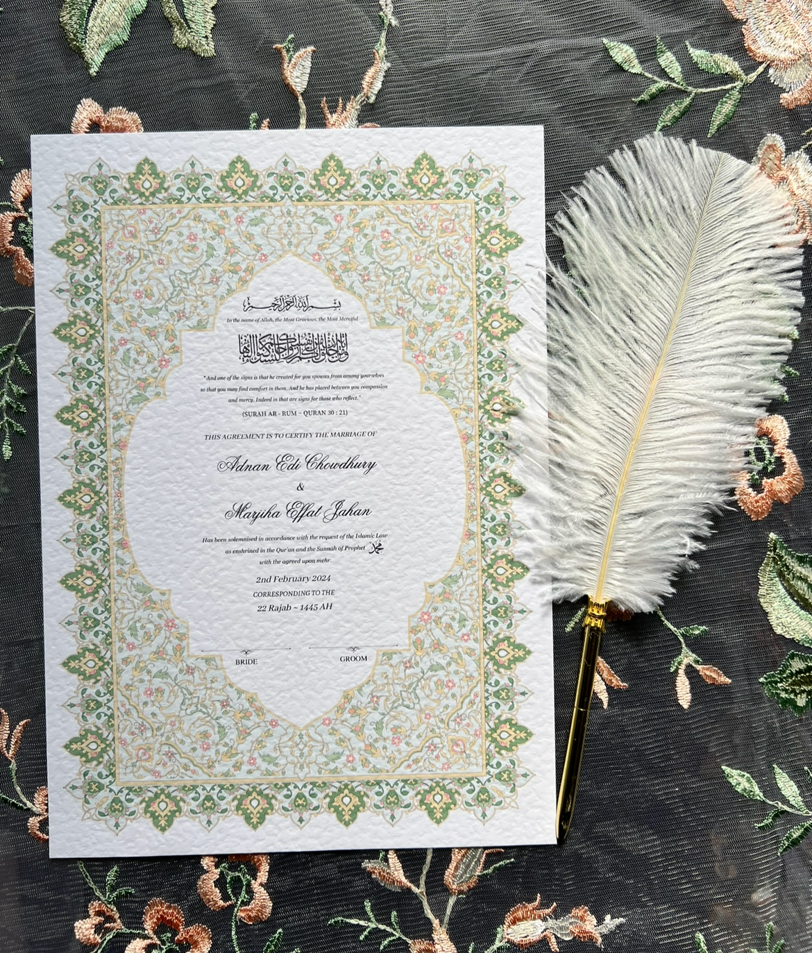 A4/A3 nikkah certificate - feather pen - folder - wedding certificate