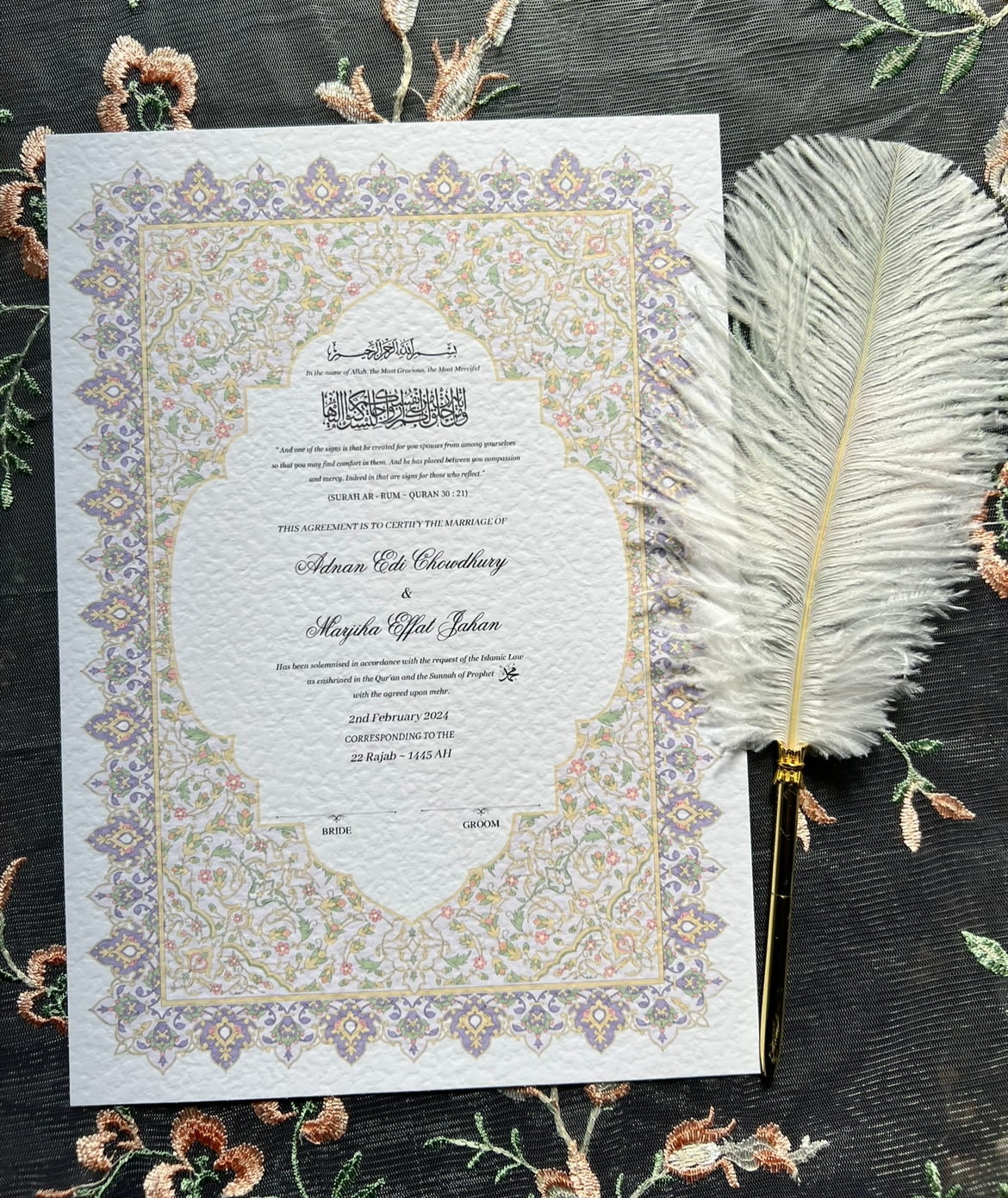 A4/A3 nikkah certificate - feather pen - folder - wedding certificate