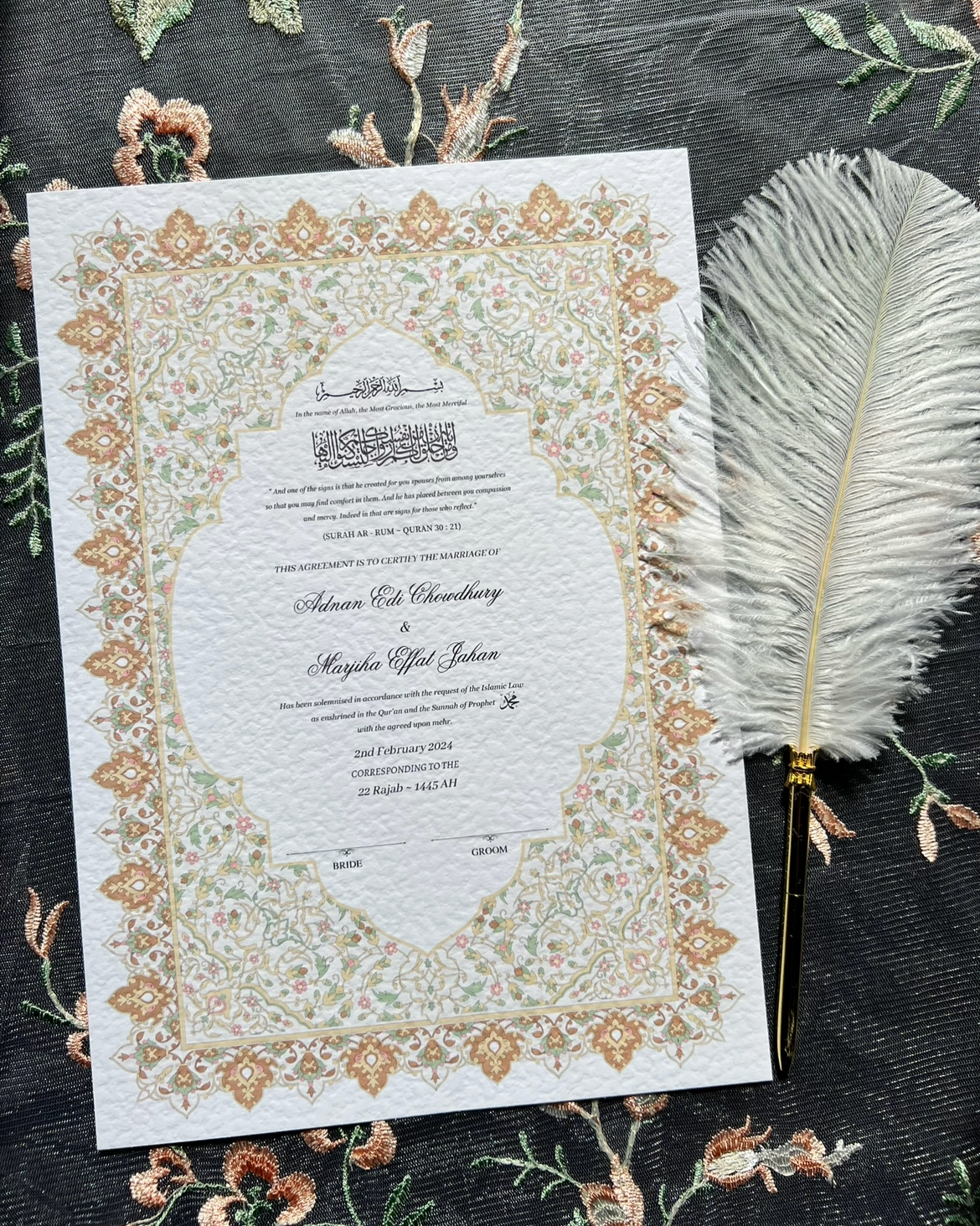 A4/A3 nikkah certificate - feather pen - folder - wedding certificate