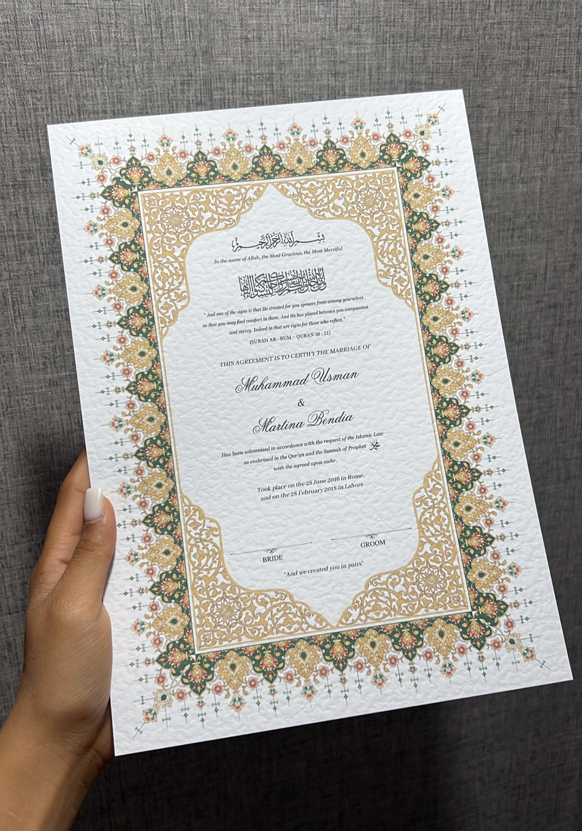 A4/A3 nikkah certificate - feather pen - folder - wedding certificate