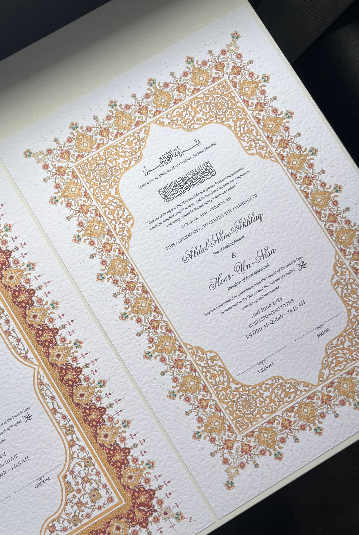 A4/A3 nikkah certificate - feather pen - folder - wedding certificate