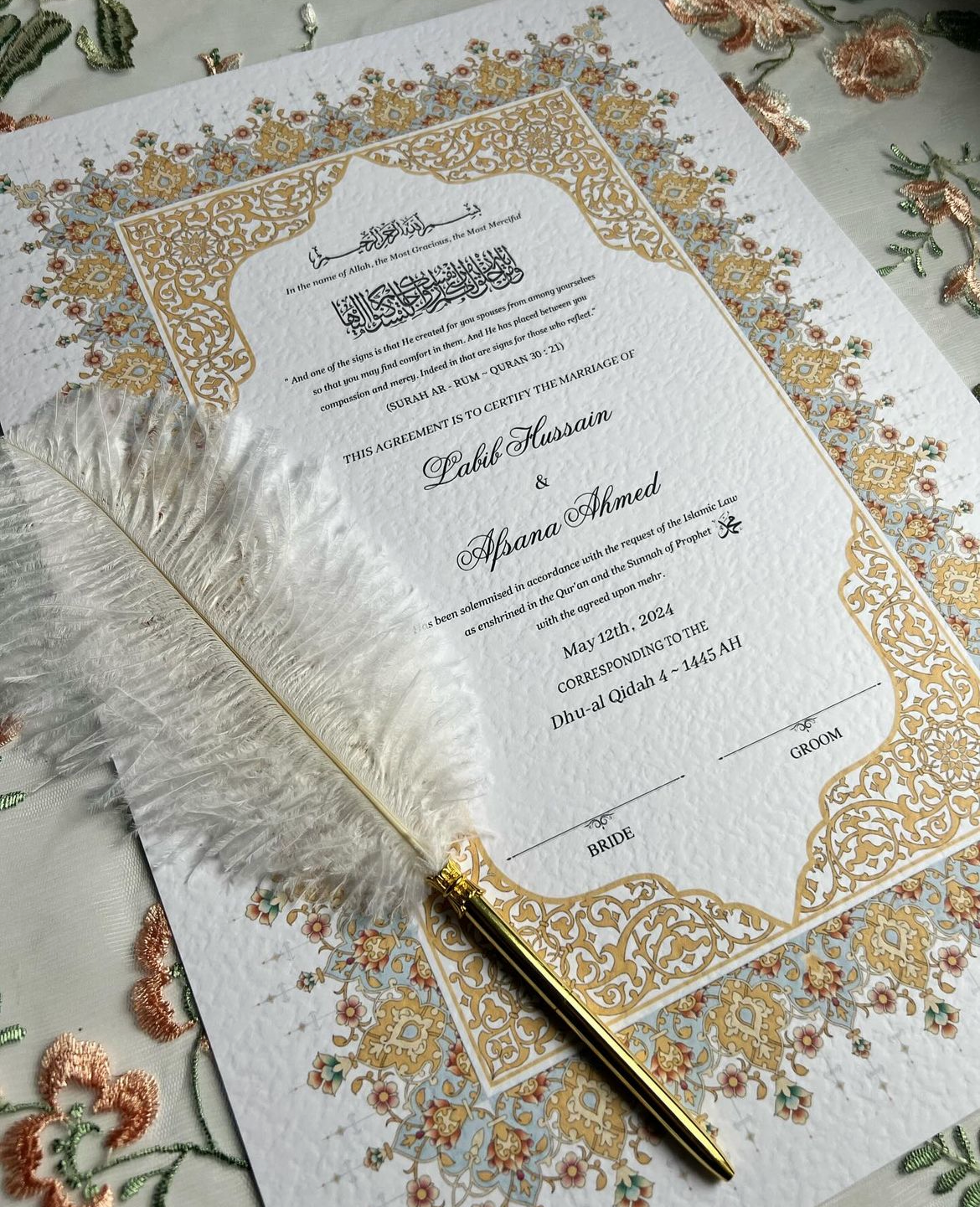 A4/A3 nikkah certificate - feather pen - folder - wedding certificate