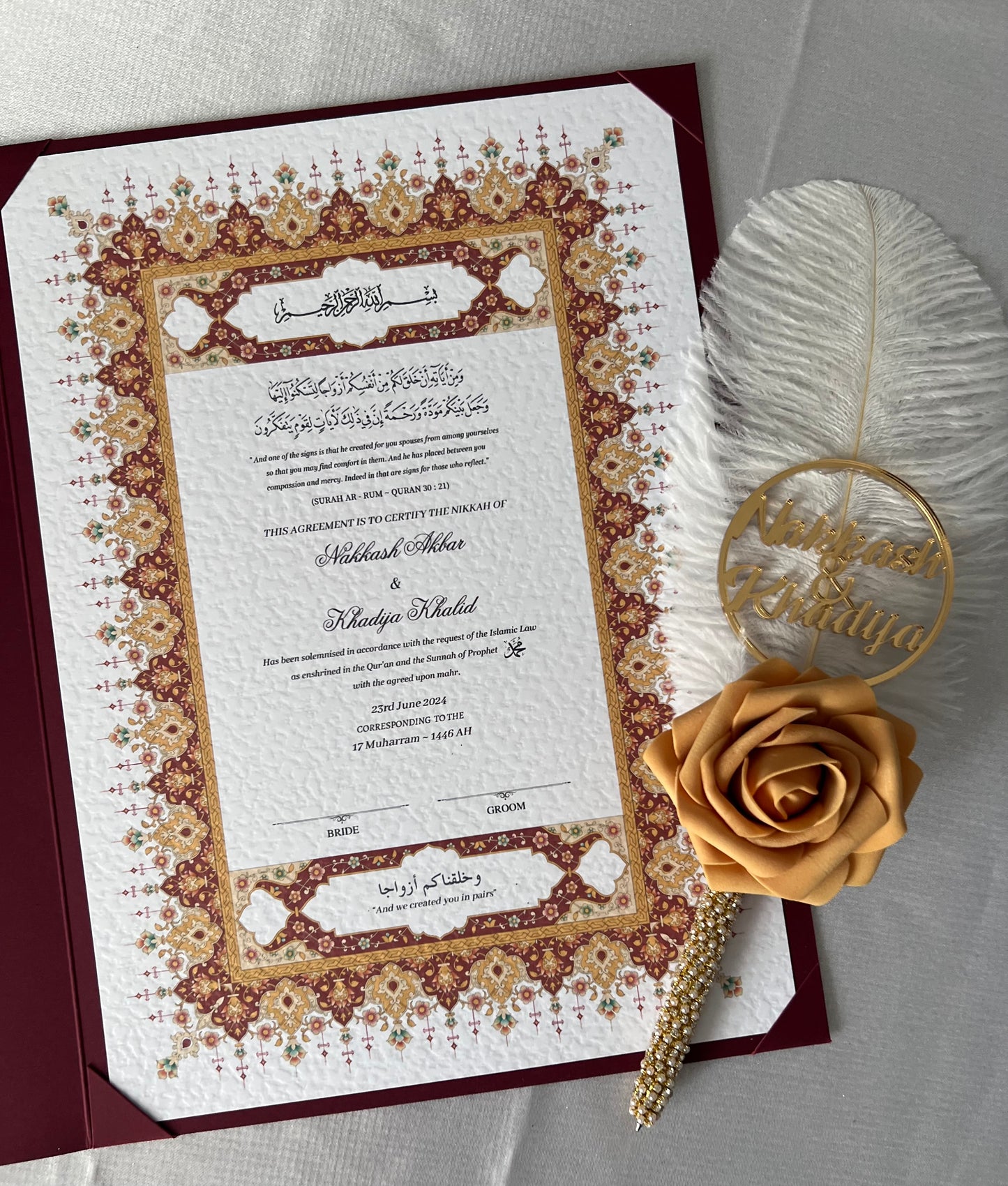 A4/A3 nikkah certificate - feather pen - folder - wedding certificate