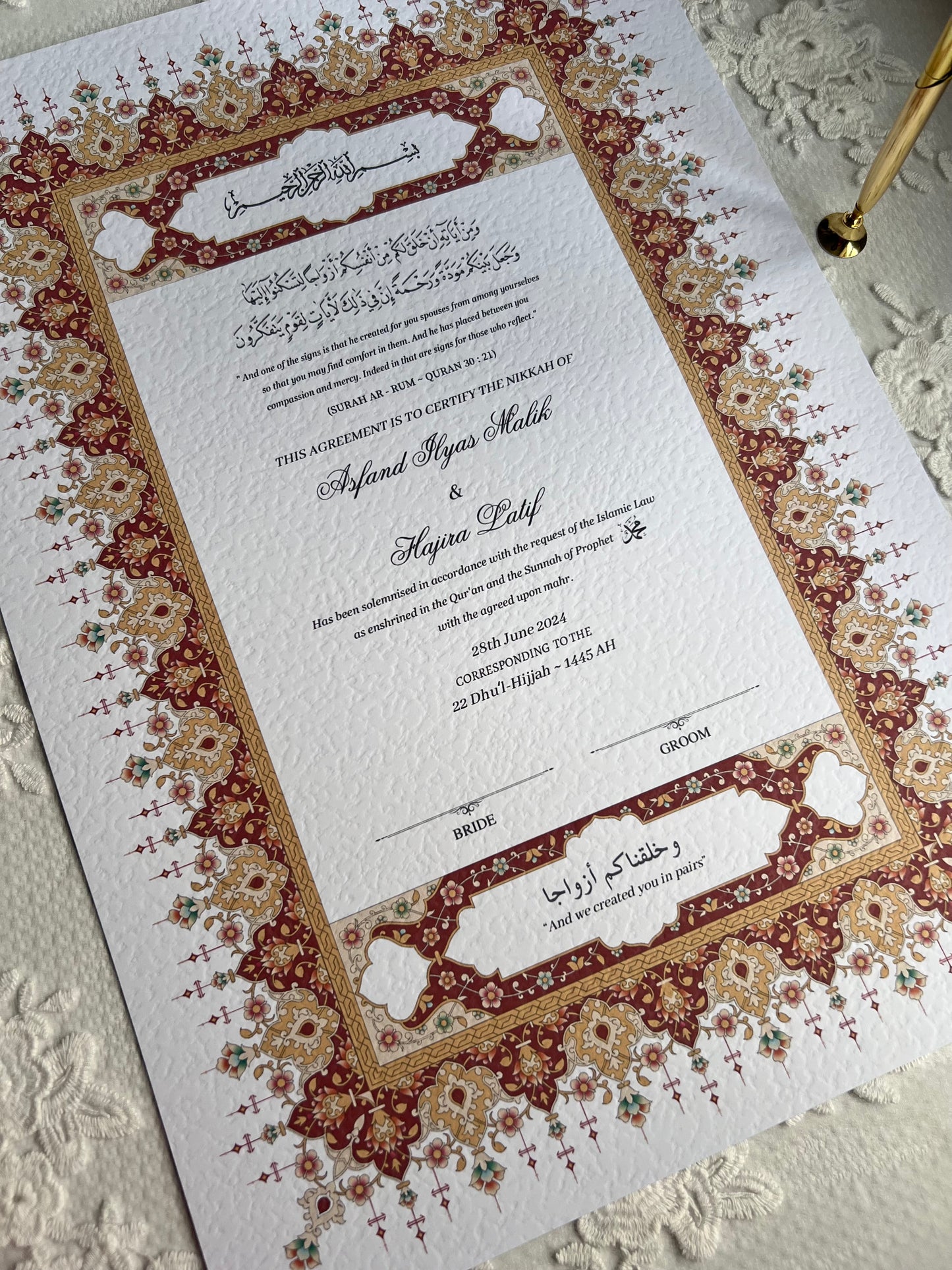 A4/A3 nikkah certificate - feather pen - folder - wedding certificate