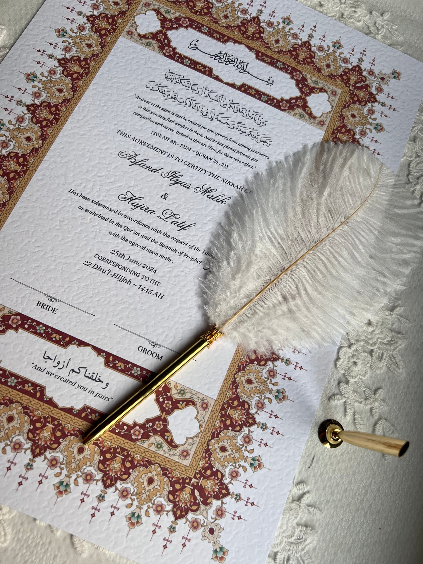 A4/A3 nikkah certificate - feather pen - folder - wedding certificate